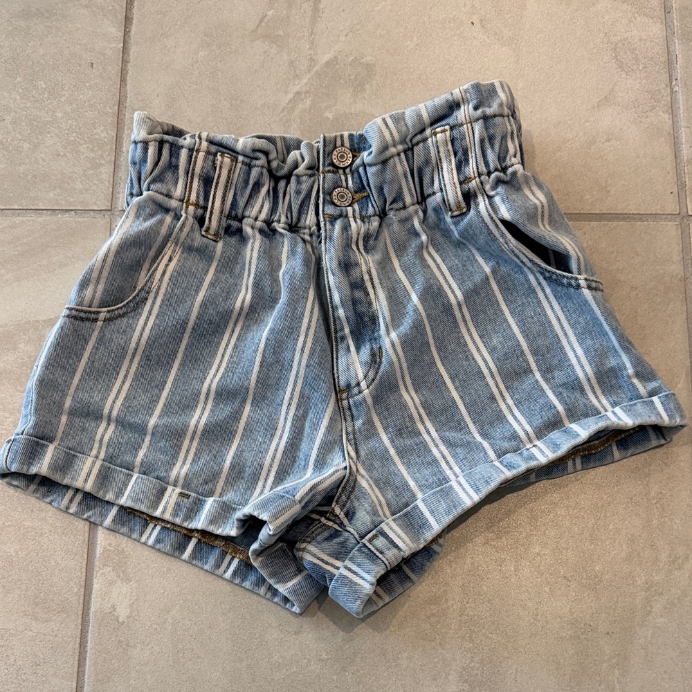 PacSun Blue and White Striped Paperbag Waist Jean Shorts